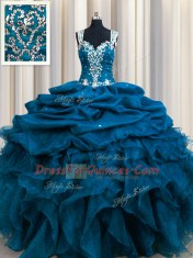 Zipple Up Sequins See Through Back Floor Length Ball Gowns Sleeveless Teal Vestidos de Quinceanera Zipper
