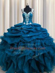 Zipple Up Sequins See Through Back Floor Length Ball Gowns Sleeveless Teal Vestidos de Quinceanera Zipper