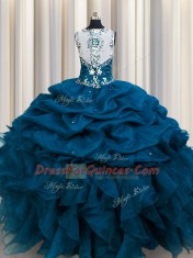 Zipple Up Sequins See Through Back Floor Length Ball Gowns Sleeveless Teal Vestidos de Quinceanera Zipper