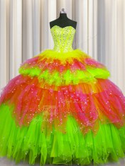 Glorious Bling-bling Visible Boning Multi-color Lace Up 15th Birthday Dress Beading and Ruffles and Ruffled Layers and Sequins Sleeveless Floor Length