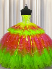 Glorious Bling-bling Visible Boning Multi-color Lace Up 15th Birthday Dress Beading and Ruffles and Ruffled Layers and Sequins Sleeveless Floor Length