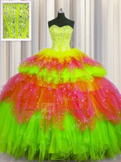 Glorious Bling-bling Visible Boning Multi-color Lace Up 15th Birthday Dress Beading and Ruffles and Ruffled Layers and Sequins Sleeveless Floor Length
