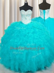 Aqua Blue Ball Gowns Sweetheart Sleeveless Tulle Floor Length Lace Up Beading and Ruffles Quinceanera Dresses