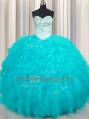 Aqua Blue Ball Gowns Sweetheart Sleeveless Tulle Floor Length Lace Up Beading and Ruffles Quinceanera Dresses