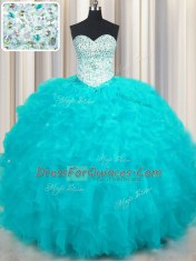 Aqua Blue Ball Gowns Sweetheart Sleeveless Tulle Floor Length Lace Up Beading and Ruffles Quinceanera Dresses