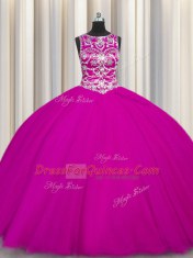 Scoop Fuchsia Sleeveless Tulle Lace Up Quinceanera Dress for Military Ball and Sweet 16 and Quinceanera