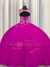 Scoop Fuchsia Sleeveless Tulle Lace Up Quinceanera Dress for Military Ball and Sweet 16 and Quinceanera