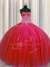Big Puffy Floor Length Ball Gowns Sleeveless Red Quinceanera Gown Lace Up