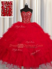 Enchanting Visible Boning Sleeveless Beading and Ruffles and Sequins Lace Up Quinceanera Dresses