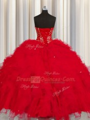 Enchanting Visible Boning Sleeveless Beading and Ruffles and Sequins Lace Up Quinceanera Dresses