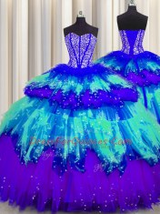Noble Three Piece Visible Boning Multi-color Sweetheart Lace Up Beading and Ruffles and Ruffled Layers and Sequins 15 Quinceanera Dress Sleeveless