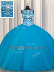 Teal Lace Up Scoop Beading Ball Gown Prom Dress Tulle Sleeveless