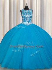 Teal Lace Up Scoop Beading Ball Gown Prom Dress Tulle Sleeveless