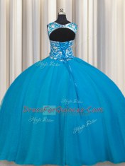 Teal Lace Up Scoop Beading Ball Gown Prom Dress Tulle Sleeveless