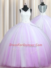 High Class Zipper Up Sleeveless Brush Train Beading Zipper Quince Ball Gowns
