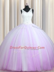 High Class Zipper Up Sleeveless Brush Train Beading Zipper Quince Ball Gowns
