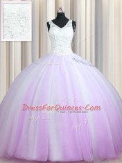 High Class Zipper Up Sleeveless Brush Train Beading Zipper Quince Ball Gowns