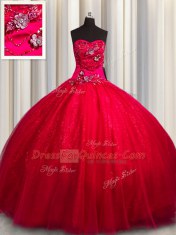 Sophisticated Sequined Beading and Appliques Quince Ball Gowns Red Lace Up Sleeveless Floor Length