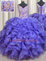 Stylish Blue Lace Up V-neck Appliques and Ruffles Quinceanera Dress Organza Sleeveless