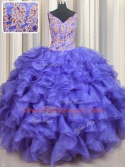 Stylish Blue Lace Up V-neck Appliques and Ruffles Quinceanera Dress Organza Sleeveless