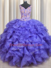 Stylish Blue Lace Up V-neck Appliques and Ruffles Quinceanera Dress Organza Sleeveless