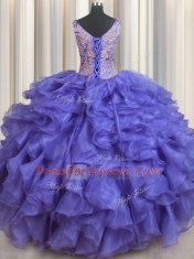 Stylish Blue Lace Up V-neck Appliques and Ruffles Quinceanera Dress Organza Sleeveless