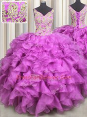 V-neck Sleeveless Lace Up Vestidos de Quinceanera Fuchsia Organza