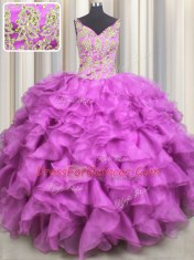 V-neck Sleeveless Lace Up Vestidos de Quinceanera Fuchsia Organza