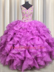 V-neck Sleeveless Lace Up Vestidos de Quinceanera Fuchsia Organza