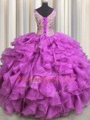 V-neck Sleeveless Lace Up Vestidos de Quinceanera Fuchsia Organza