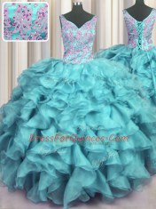 Edgy Ruffled V Neck Floor Length Lace Up Sweet 16 Quinceanera Dress Aqua Blue for Military Ball and Sweet 16 and Quinceanera with Appliques and Ruffles