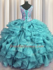 Edgy Ruffled V Neck Floor Length Lace Up Sweet 16 Quinceanera Dress Aqua Blue for Military Ball and Sweet 16 and Quinceanera with Appliques and Ruffles