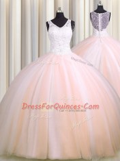 See Through Back Zipple Up Baby Pink and Peach Quinceanera Dress V-neck Sleeveless Brush Train Zipper