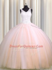 See Through Back Zipple Up Baby Pink and Peach Quinceanera Dress V-neck Sleeveless Brush Train Zipper