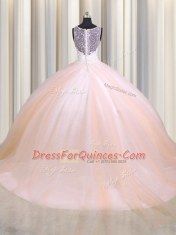 See Through Back Zipple Up Baby Pink and Peach Quinceanera Dress V-neck Sleeveless Brush Train Zipper