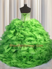 Hot Sale Visible Boning Brush Train Sweetheart Sleeveless Sweet 16 Dress With Train Sweep Train Beading and Ruffles Green Organza