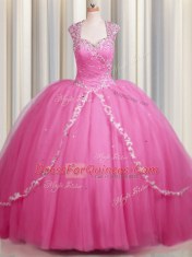 Captivating Zipper Up Rose Pink Sweetheart Zipper Beading and Appliques Sweet 16 Dress Brush Train Cap Sleeves