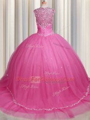 Captivating Zipper Up Rose Pink Sweetheart Zipper Beading and Appliques Sweet 16 Dress Brush Train Cap Sleeves