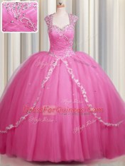 Captivating Zipper Up Rose Pink Sweetheart Zipper Beading and Appliques Sweet 16 Dress Brush Train Cap Sleeves