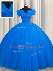 Customized Off The Shoulder Short Sleeves Tulle Sweet 16 Quinceanera Dress Ruching Court Train Lace Up