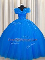 Customized Off The Shoulder Short Sleeves Tulle Sweet 16 Quinceanera Dress Ruching Court Train Lace Up