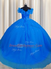 Customized Off The Shoulder Short Sleeves Tulle Sweet 16 Quinceanera Dress Ruching Court Train Lace Up