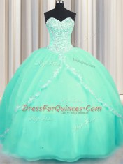 Great Turquoise Lace Up Sweetheart Beading and Appliques Vestidos de Quinceanera Organza Sleeveless Brush Train