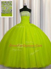 Simple Big Puffy Yellow Green Strapless Lace Up Beading and Sequins Sweet 16 Dresses Sleeveless