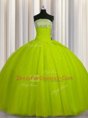 Simple Big Puffy Yellow Green Strapless Lace Up Beading and Sequins Sweet 16 Dresses Sleeveless