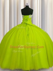 Simple Big Puffy Yellow Green Strapless Lace Up Beading and Sequins Sweet 16 Dresses Sleeveless