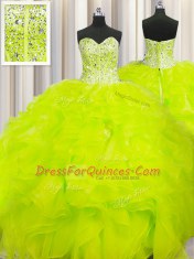 Elegant Visible Boning Beaded Bodice Yellow Ball Gowns Beading and Ruffles Quince Ball Gowns Lace Up Organza Sleeveless Floor Length
