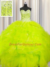 Elegant Visible Boning Beaded Bodice Yellow Ball Gowns Beading and Ruffles Quince Ball Gowns Lace Up Organza Sleeveless Floor Length