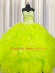 Elegant Visible Boning Beaded Bodice Yellow Ball Gowns Beading and Ruffles Quince Ball Gowns Lace Up Organza Sleeveless Floor Length