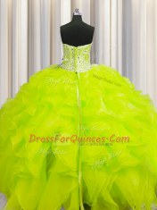 Elegant Visible Boning Beaded Bodice Yellow Ball Gowns Beading and Ruffles Quince Ball Gowns Lace Up Organza Sleeveless Floor Length